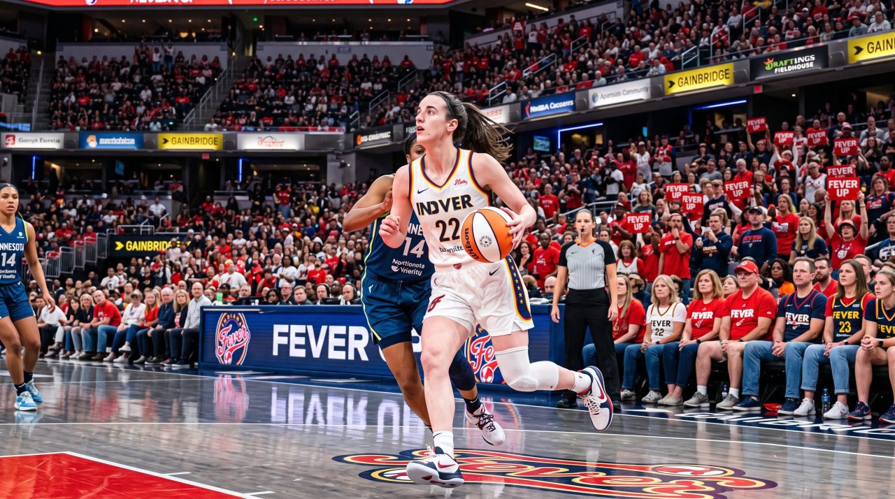 كيتلين كلارك نجمة إنديانا فيفر أثناء تسديد الكرة في دوري WNBA