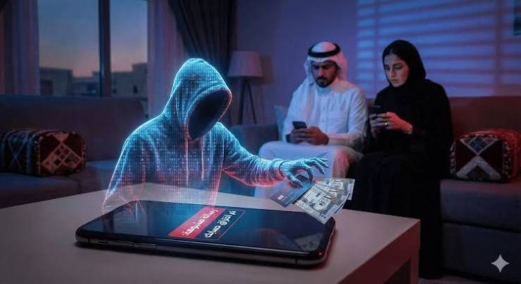 رجل وامرأة يتعرضان لمحاولة سرقة واختراق عبر الهاتف تجسيداً لمخاطر الاحتيال الإلكتروني.