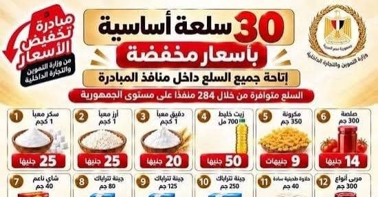 جدول أسعار منافذ بيع 30 سلعة أساسية مخفضة التابعة لوزارة التموين والتجارة الداخلية.